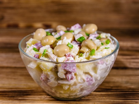 Салата с мариновани гъби, луканка, лук, варени картофи и майонеза - снимка на рецептата Салата с мариновани гъби, луканка, лук, варени картофи и майонеза - снимка на рецептата